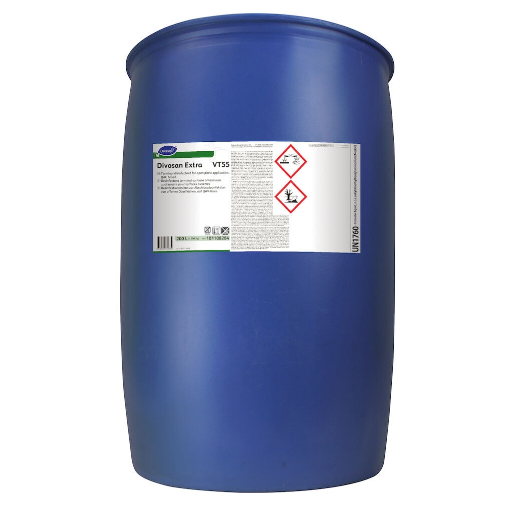 Divosan Extra VT55 1x200L - High activity disinfectant for open plant applications, QAC based