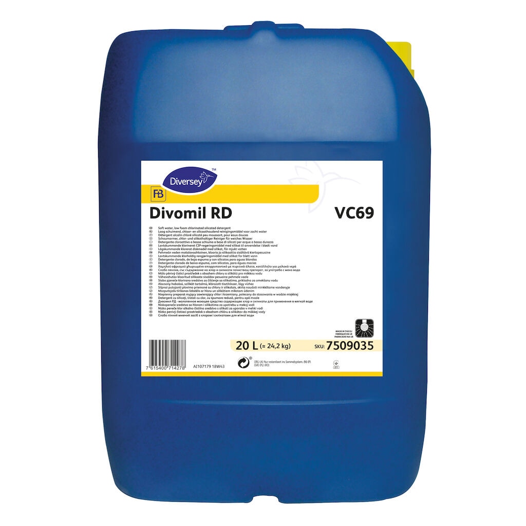 Divomil RD VC69 1x20L - Soft water, low foam chlorinated silicated detergent