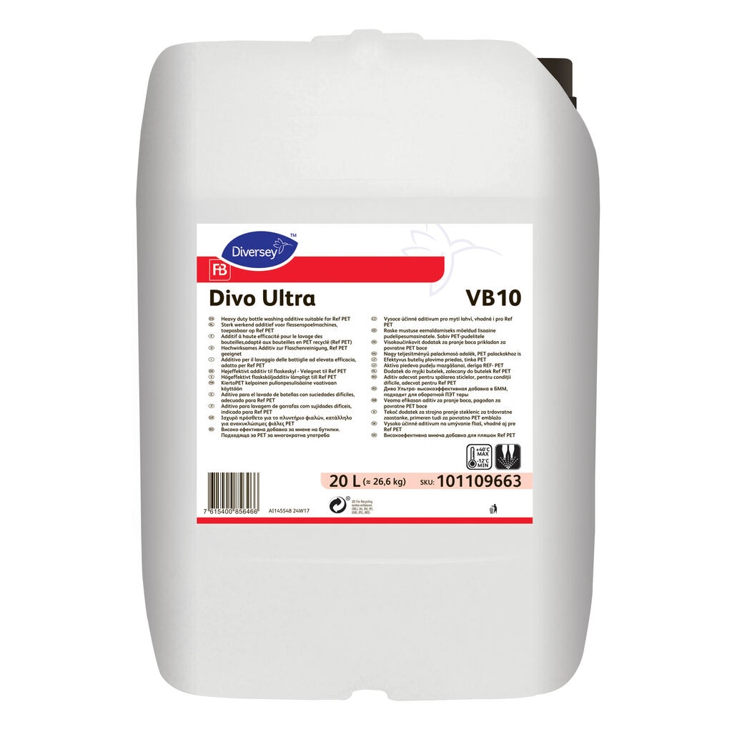 Divo Ultra VB10 1x20L - Heavy duty bottlewashing additive suitable for Ref PET